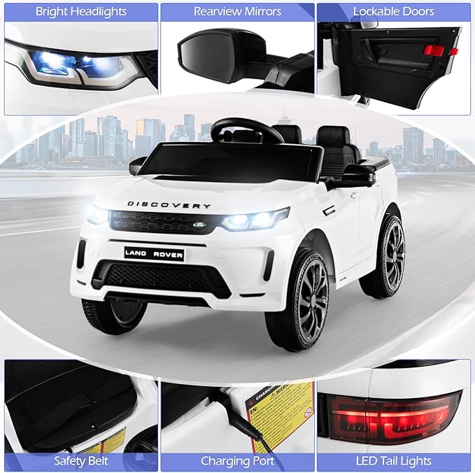 Costzon 12V Kids Ride On Car, Licensed Land Rover Electric Vehicle w/Remote Control, Lockable Doors, Slow Start System, LED Lights & Speed Switch Sound, Music & Horn, MP3 & USB (White)