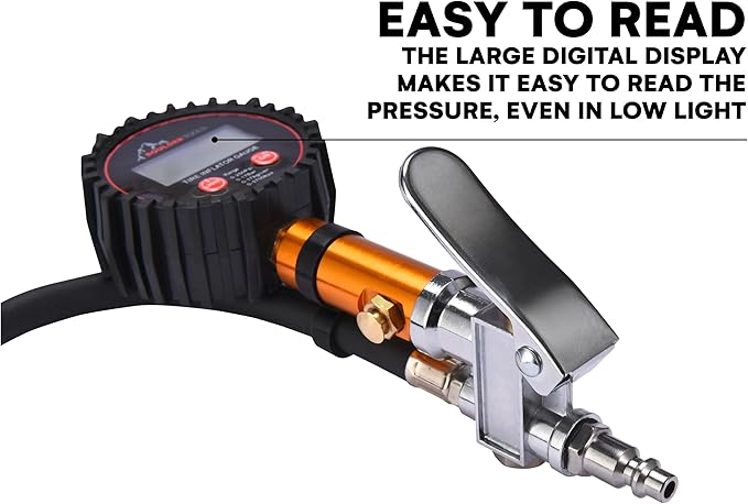 Boulder Tools Tire Pressure Gauge with Inflator - Heavy Duty 0-250 PSI LED Digital Tire Inflator Gauge with Air Chuck Lock, Bleed Valve - Air Compressor Accessories for Car, Motorcycle, Bicycle Tires