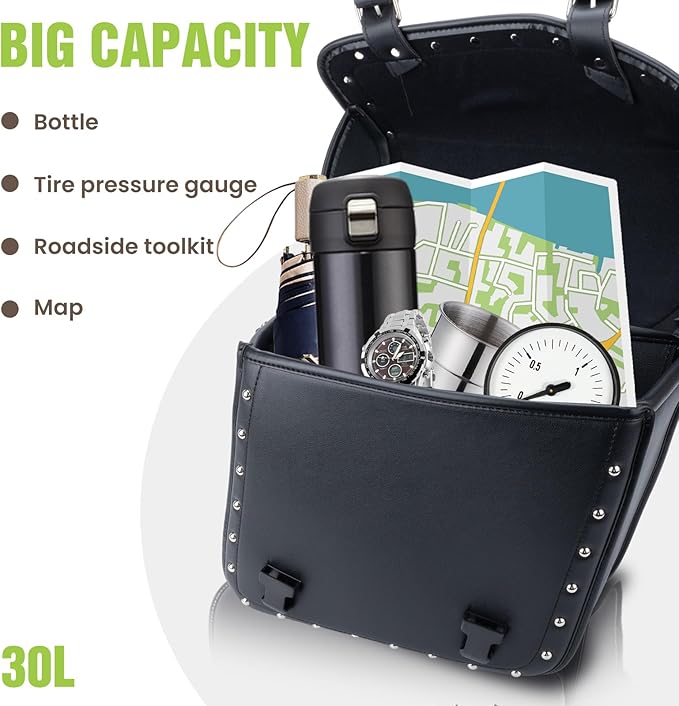 30L Motorcycle Saddlebags Water-Resistant PU Leather Storage for Harley Sportster Softail Dyna Honda Shadow, Quick-Install Design with Reinforced Straps, Universal Fit Large Capacity Luggage Bags