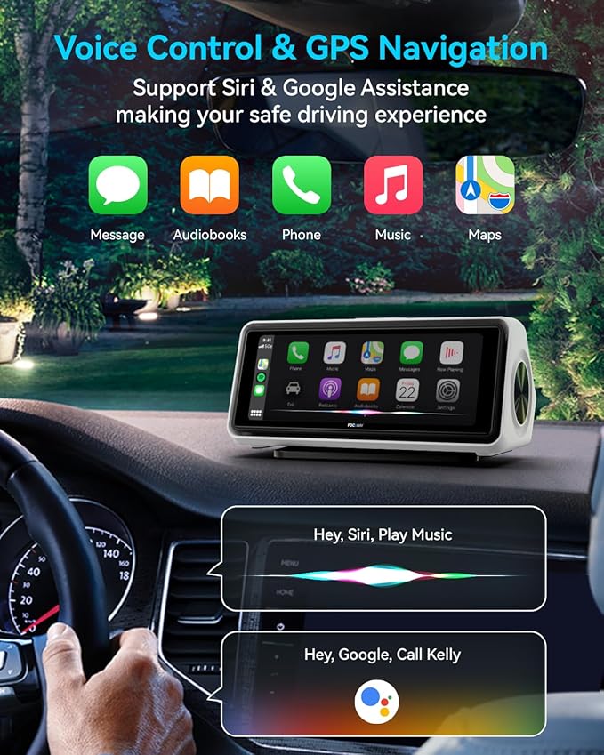 Portable Apple Carplay Screen for Car, Touch Screen with Wireless Android Auto, Car Audio Receivers with Voice Control, Mirror Link, Music Play, GPS Navigation, Built-in Customized Speakers (White)
