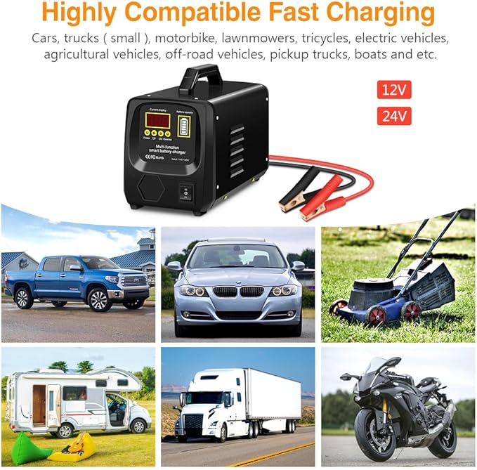 Outerman Car Battery Charger,24V/12V Fully-Automatic Battery Charger for Lead-Acid Batteries,Fast Charging Battery Maintainer/Trickle Charger/Battery Desulfator,for Large Capacity: 6~300AH