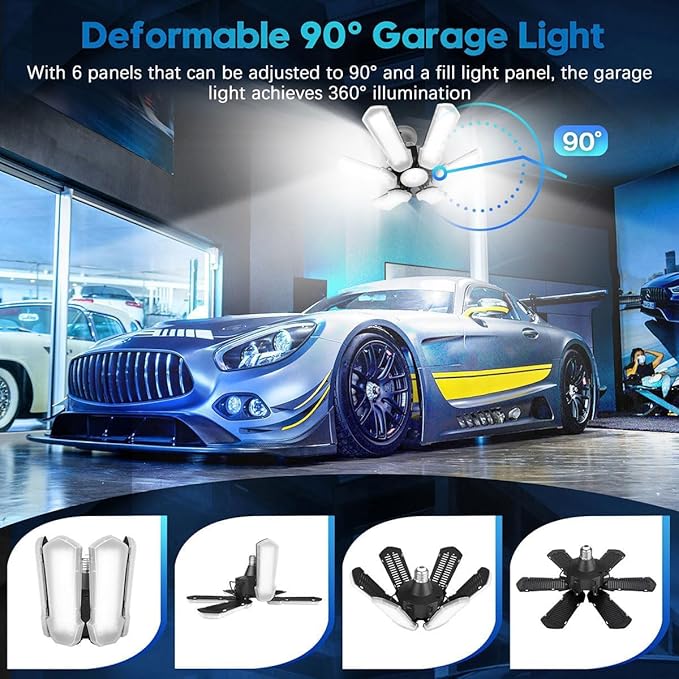 TANBABY Upgrade LED Garage Lights 4 Pack, Total 60000LM Deformable Garage Light Ceiling Shop Light,150W E26/E27 LED Light Garage Lighting with 6+1 Adjustable Panels Garage Bulb for Attic,Basement