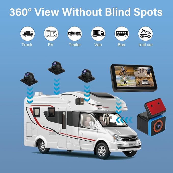6CH AI WiFi GPS Sentry Mode RV Backup Camera System 10.1" Touch Screen Monitor with 4 1080P Rear Side View Camera,Mobile DVR Recording Live View on APP/Web/PC for Truck Trailer Tractor Fleet