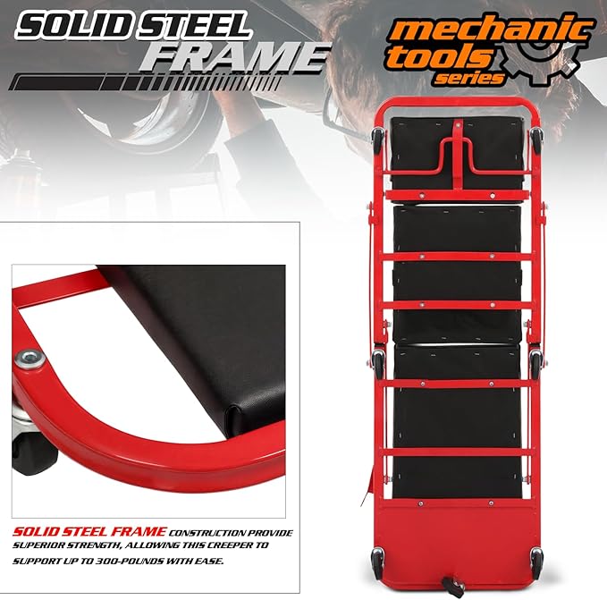 M-AUTO Heavy-Duty Convertible Mechanic Creeper, Z-Creeper 2-in-1 Creeper and Seat 48" Padded Adjustable Headrest Roller Garage Chair with 7 Swivel Casters for Washing, Detailing, Maintenance, Red