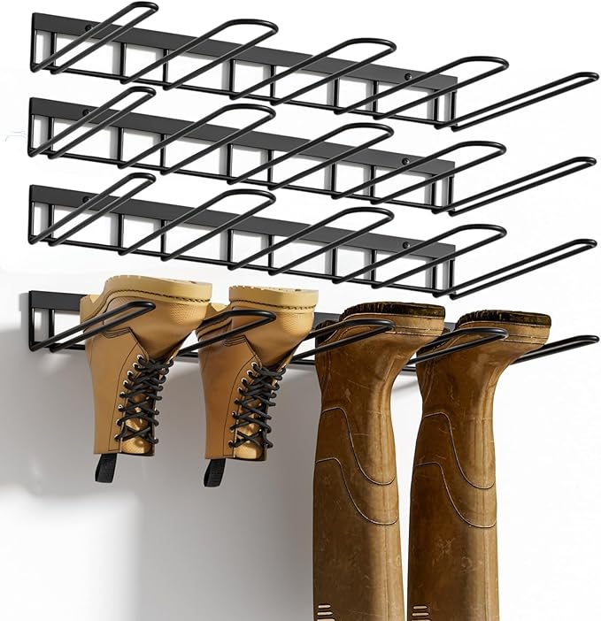 Boot Rack, Wader Hangers for wall, 8 Pair Boots Organizer Racks for Tall Boots and Cowboy shoes, Metal Wall Mounted Shoe Rack, Boot Trays for Entryway,Garage (4 Pack)