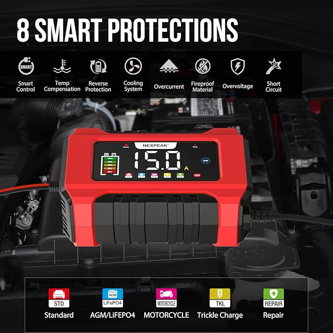 NEXPEAK NC215 15-Amp Battery Charger, 12V 24V LiFePO4 Lead Acid Portable Car Battery Charger 9-Stage Trickle Charger Smart Battery Maintainer w/Temp Compensation for Car Truck Lawn Mower Boat Marine