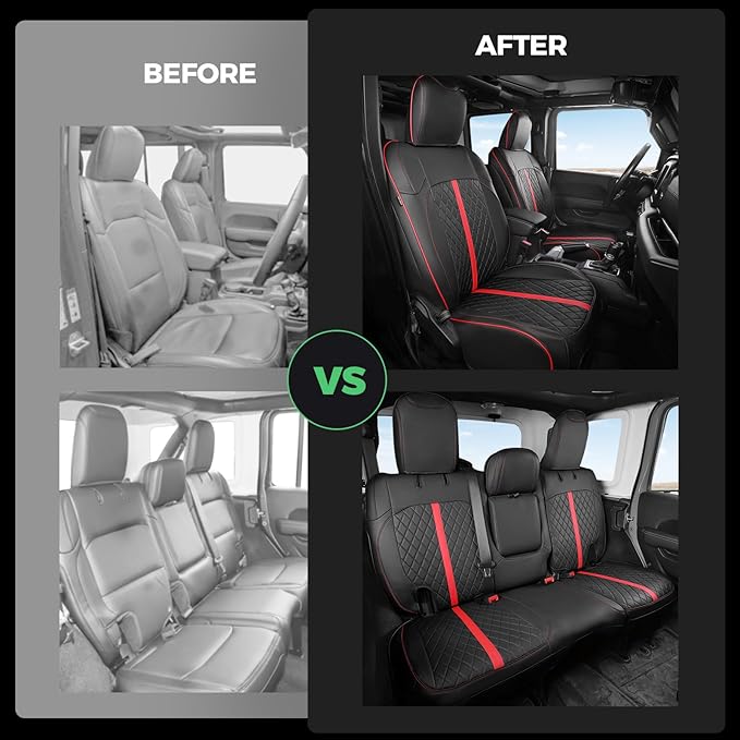 for Jeep Wrangler Seat Covers 4Door JL 2018 2019 2020 2021 2022 2023 2024 2025, Custom Car Seat Cover Full Set, Luxury Waterproof Leather Seat Protectors, Black Red Trim, With Rear Cup Holder