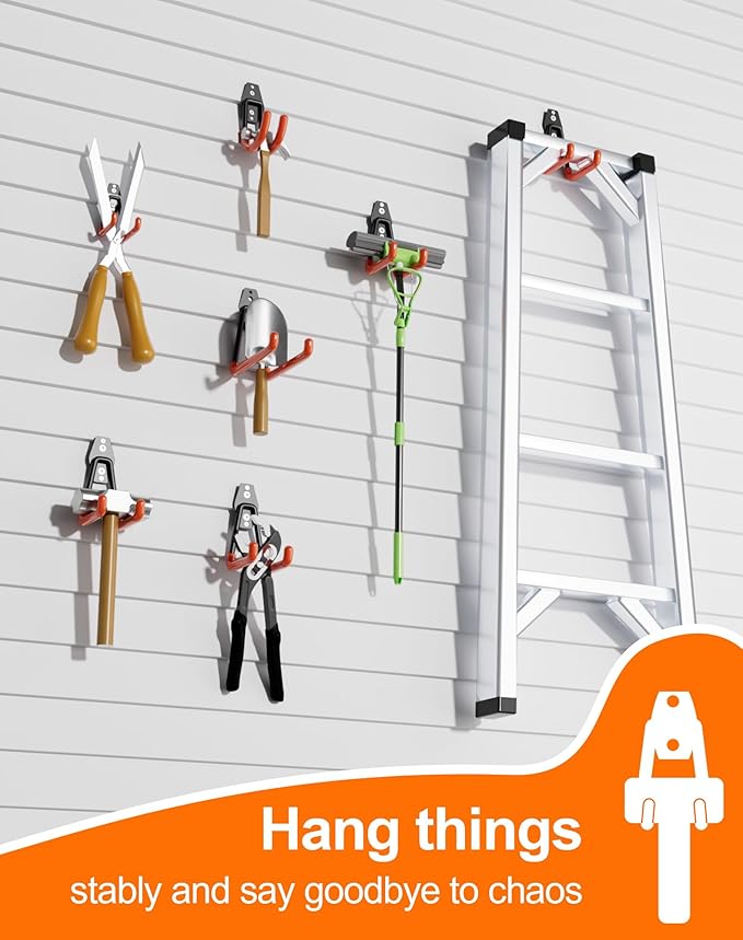 QcoQce 12 Pack Garage Hooks Heavy Duty, Utility Wall Mount Hooks for Hanging Bike, Ladder, Hose, with Extension Cord Straps and Anti-Slip Coating, Garage Organization, Includes Screws (Orange)