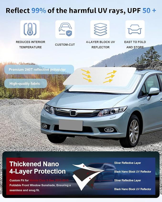 Custom Fit for Civic Car Windshield Sunshade for Honda Civic 9 Generation 2012-2015 Foldable Front Window Sun Shades Shield Cover Sun Visor Protector 240T Reflective Fabric Car Accessories