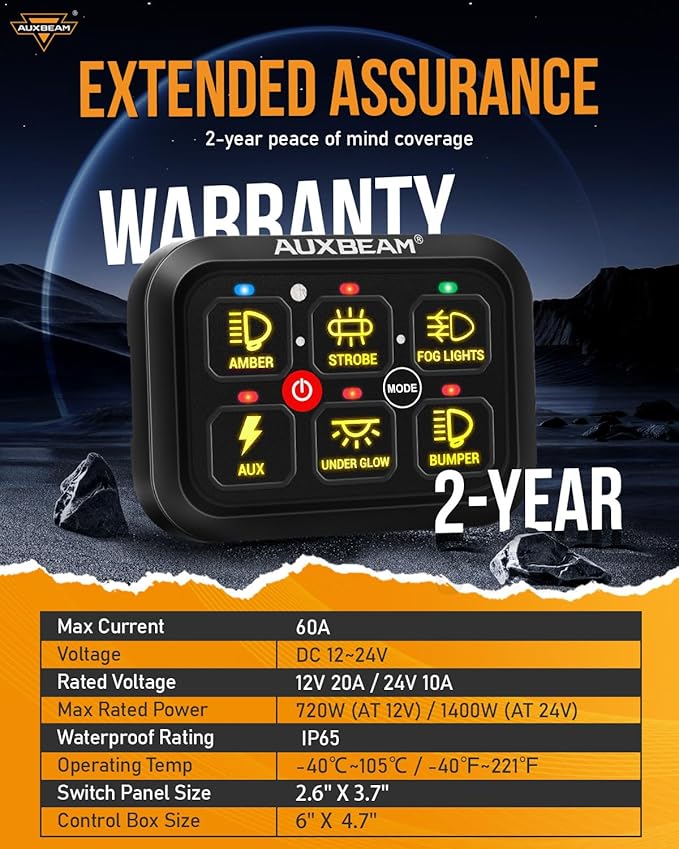Auxbeam RGB 6 Gang Switch Panel RA60 Auto-Dimmable Switch Panel w/Momentary Toggle Pulsed Memory Function, 12-24V Switch Panel for Truck UTV Car Boat Waterproof, 2-Year Warranty