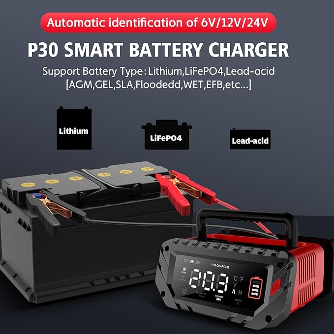 30 Amp Lithium Battery Charger,6V/12V/24V Lifepo4,Lead-Acid(AGM/Gel/SLA..) Portable Car Battery Charger,Battery Maintainer, Smart Trickle Charger, and Battery Desulfator for Car,Boat,Motorcycle…