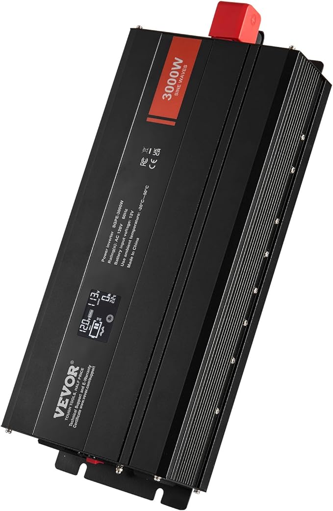 VEVOR Pure Sine Wave Inverter, 3000 Watt, DC 12V to AC 120V Power Inverter with 2 AC Outlets 2 USB Port 1 Type-C Port, LCD Display and Remote Controller for Large Home Appliances, CE FCC Certified