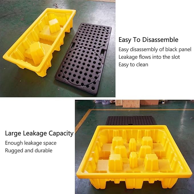 2 Drum Containment Spill Pallet, Polyethylene Low Profile Paint Bucket Tray, Industrial Garage Storage Detachable Shipping Leakproof Platform (Color : Yellow-2 Pack, Size : 51.2"x26.8"x3.9"