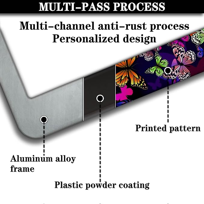 License Plate Frames Multicolor Car Plate Frame Colorful Watercolor Butterfly Aluminum Metal Car Accessory 2 Pack with Screw Covers Set