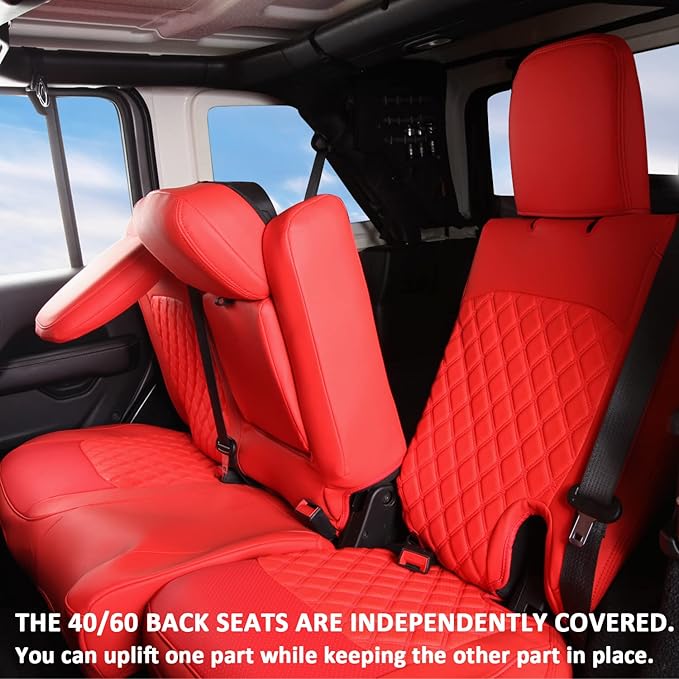 GIANT PANDA Customized Full Set Car Seat Covers for Jeep Wrangler 4 Door JL Sahara Sport Rubicon Unlimited Willys 2018 2019 2020 2021 2022 2023 2024 2025 Without Rear Cup Holder,Faux Leather - (Red)