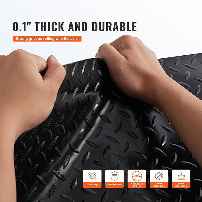 VEVOR Floor Mats, 2 Rolls x 14.7 x 3.6 Ft PVC Flooring Roll, Non-Slip Diamond Texture, 123.14 sq.ft Covering Space, Black Mats for Under Cars, Garage Industry Gym