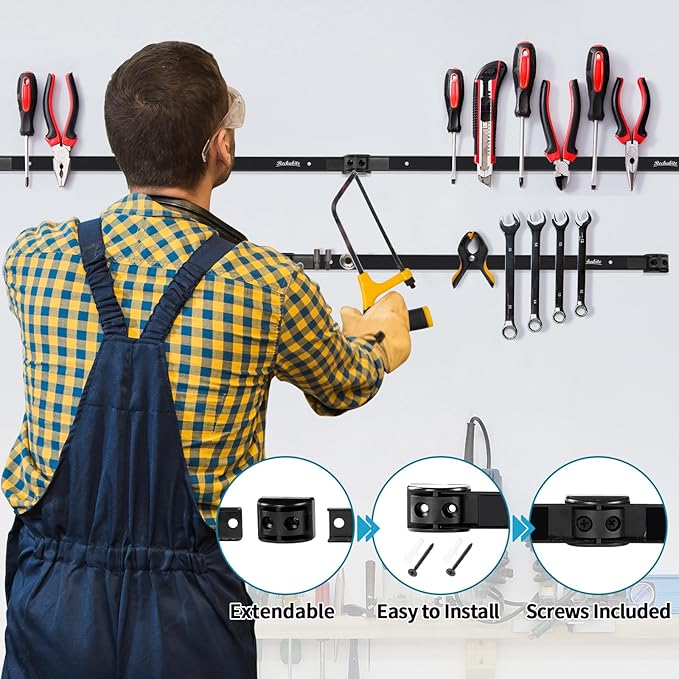 6 Pieces 12" Magnetic Tool Holder Strip, Black Magnet Bar, Metal Tool Organizer Rack for Garage Organization, Easy To Install in Workshop, Mounting Screws Included