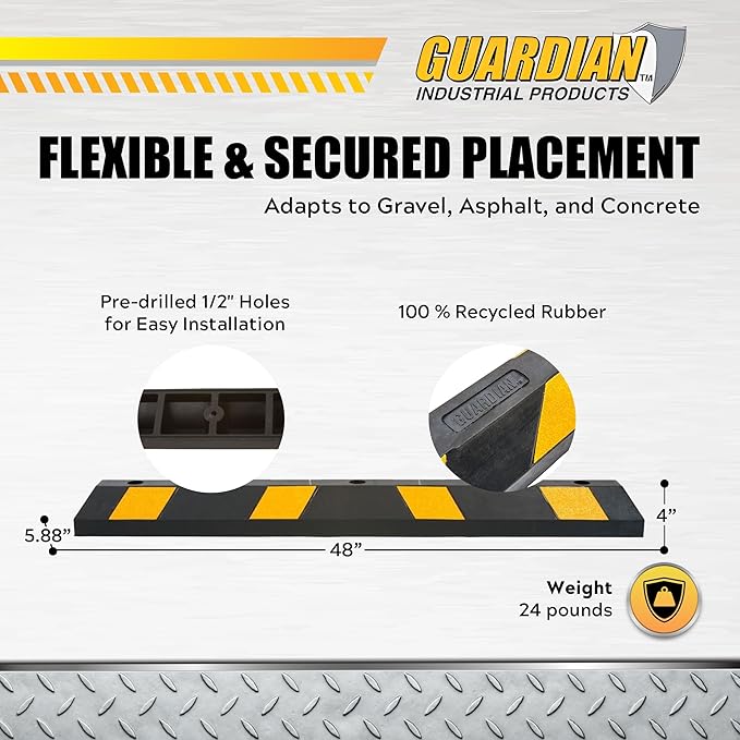 Guardian 4' Rubber Parking Curb with Mounting Holes Hi-Vis Yellow UV-Resistant for Paved, Gravel Parking Lot 4" H