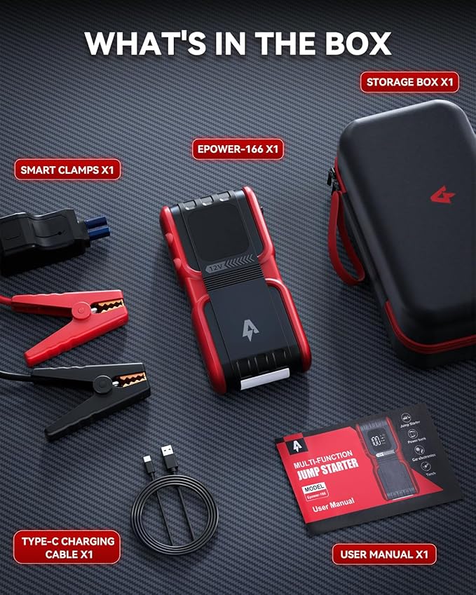 Car Jump Starter 4000A Peak 20000mAh (Start 8L Gas Engine or up to 7L Diesel Engine) Battery Charger Automotive, 12V Car Jumper, Power Bank Power Pack with Quick Charge Type-C Ports, Ep-166