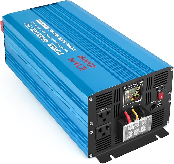 4000 Watt Pure Sine Wave Power Inverter DC 24V to 110/120V AC with 2 AC Charger Outlets and Wiring Terminal 8000W Peak Car Solar Converter for Vehicles Home with LCD Display and 2.4A USB Charging Port