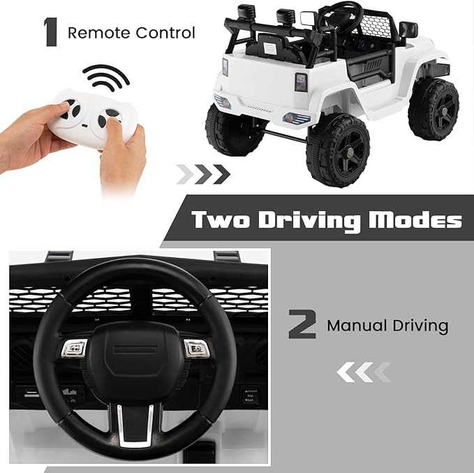 OLAKIDS Kids Ride On Truck, 12V Electric Vehicle Jeep Car with Remote Control, Toddlers Battery Powered Toy with 2 Speeds, Spring Suspension, Double Open Doors, LED Lights, Music, TF, USB, Mp3 (White)