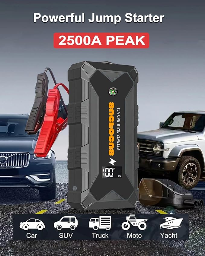 Jump Starter, 2500A Battery Jumper Starter Portable (for 8.0L Gas or 6.5L Diesel Engine), Car Battery Jump Starter, Jump Box, Jump Start Battery Pack with Jumper Cable, LED Light, USB QC3.0 (Black)