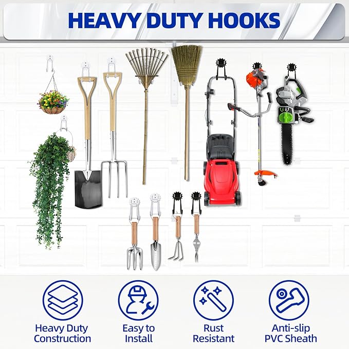 Garage Hooks Black & White 12 Pack, Heavy Duty Steel Tool Storage Utility Hook Organizing Power Tools, Wall Mount Holder for Bike, Ladder and Garden Chairs