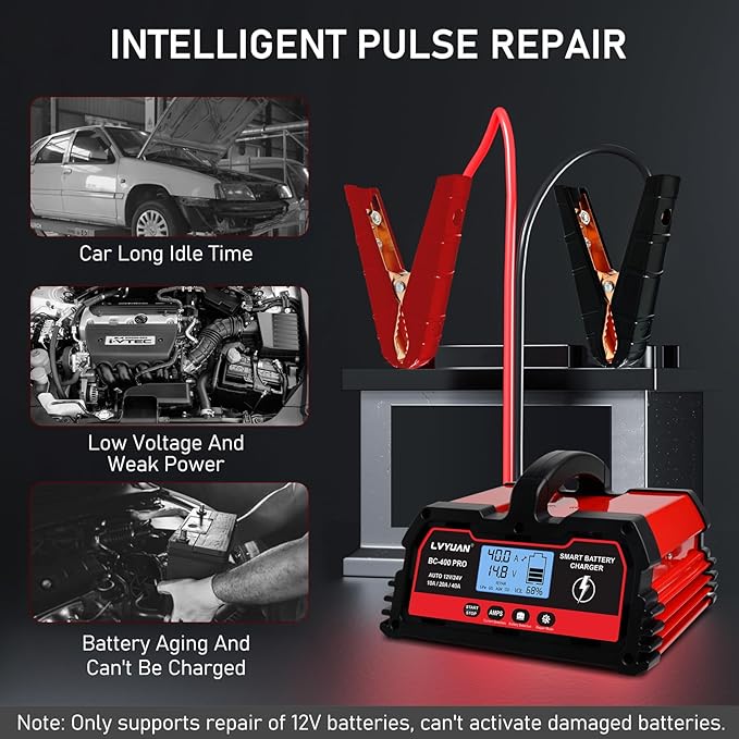 LVYUAN 40Amp Smart Car Battery Charger, 12V/24V Automotive Charger, Lead-Acid Battery, LiFePO4 Battery Maintainer with LCD Display, Trickle Charger, for Lawn Mower, Motorcycle, AGM, STD, Gel, EFB,etc