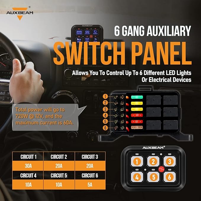Auxbeam 6 Gang Switch Panel BC60 Universal Circuit Control Relay System Automatic Dimmable LED Switch Pod Touch Control Panel Switch Box for Car Truck Pickup Boat UTV SUV - Blue, 2 Years Warranty