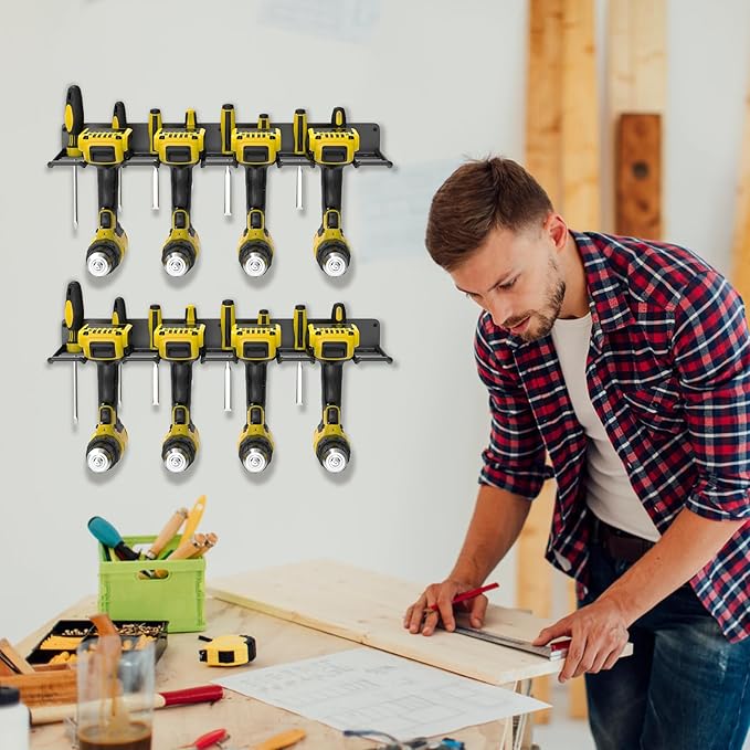 Drill Holder Wall Mount, Power Tool Organizer, Heavy Duty Metal Tool Storage with 8 Drill Racks for Garage Workshop Shed Pegboard Basement, 2 Pcs
