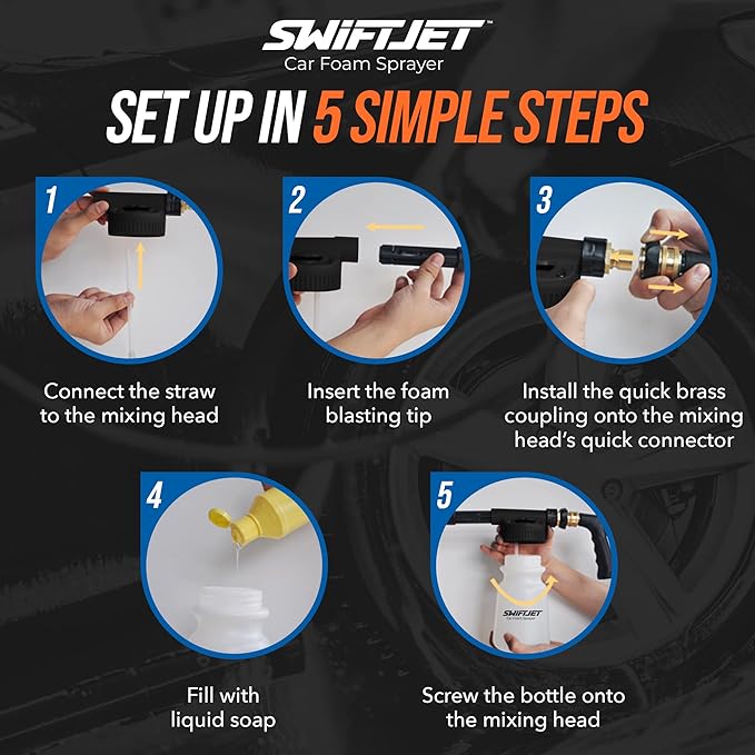 SwiftJet Car Wash Foam Sprayer Gun with Microfiber Wash Mit - Adjustable Water Pressure & Soap Ratio Dial - Foam Cannon Attaches to Any Garden Hose (Foam Sprayer with Wash Mit (Black))