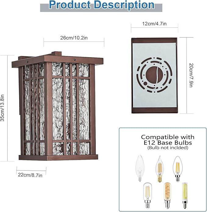 2-Light Outdoor Wall Light E26 Base Metal Frame - Brown Exterior Waterproof Lanterns with Clear Glass,Porch Wall Mount Lighting for Garage, Patio(Bulb not Included)