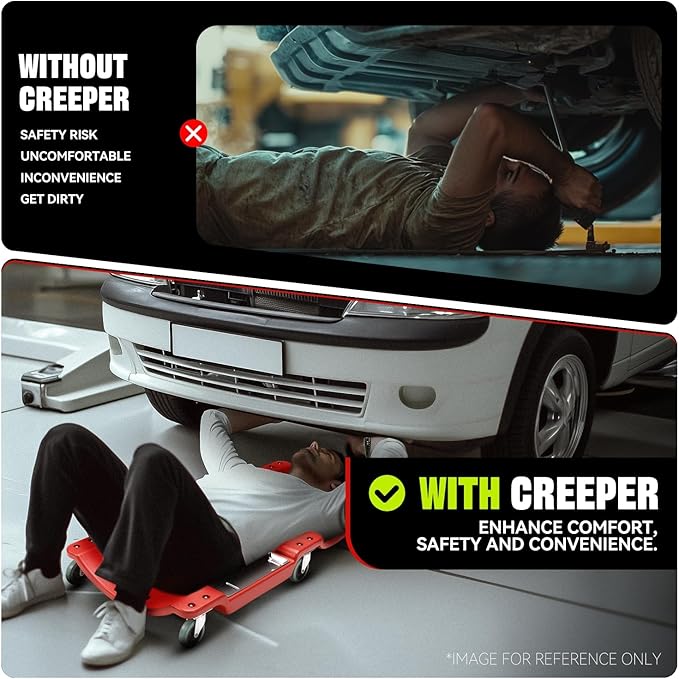 Auto Dynasty 40 Inches Mechanic Creeper, Automotive Garage Repair Low Profile Under Car Rolling Creeper with LED Light and Padded Headrest, Plastic, Red