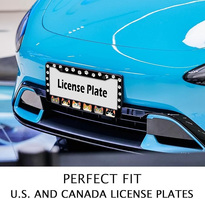 Cats Paw License Plate Frame, Cute Cartoon Cat Animal License Hloder Covers Tag, Metal Aluminum Rustproof Car Accessories for Us Canada Standard Women Men 2 Holes with Screw Caps