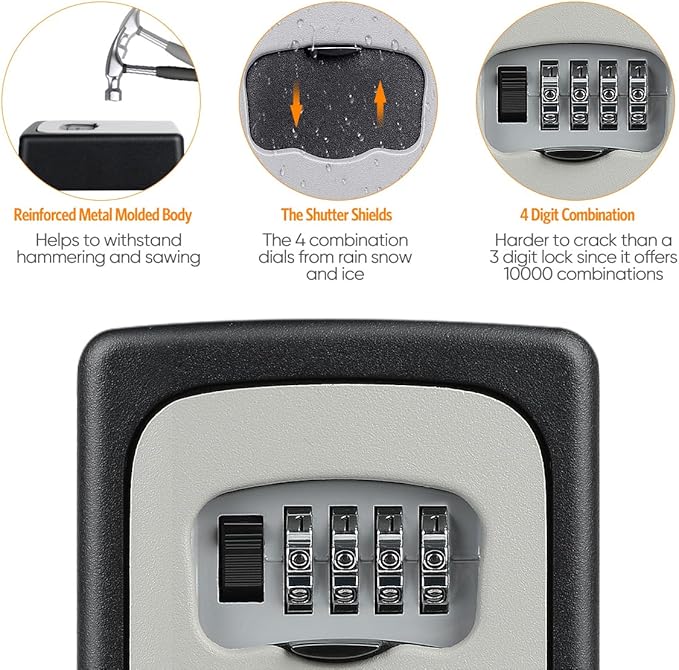 Key Lock Box Wall Mounted, Fayleeko 4 Digit Combination Lockbox for Outside, House Keys - 5 Keys Capacity, Key Safe Security Storage Lock Box for Indoor, Outdoor, Garage, Garden, Store (Grey, 4Pack)