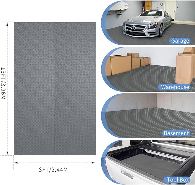 Premium Garage Floor Mat, Commercial Grade Heavy Duty Parking Mat for Garage Floor, Golf Cart Parking, Water/Stain Resistant Floor Runner (Grey Coin, 2 Rolls x 4 x 13 Feet)