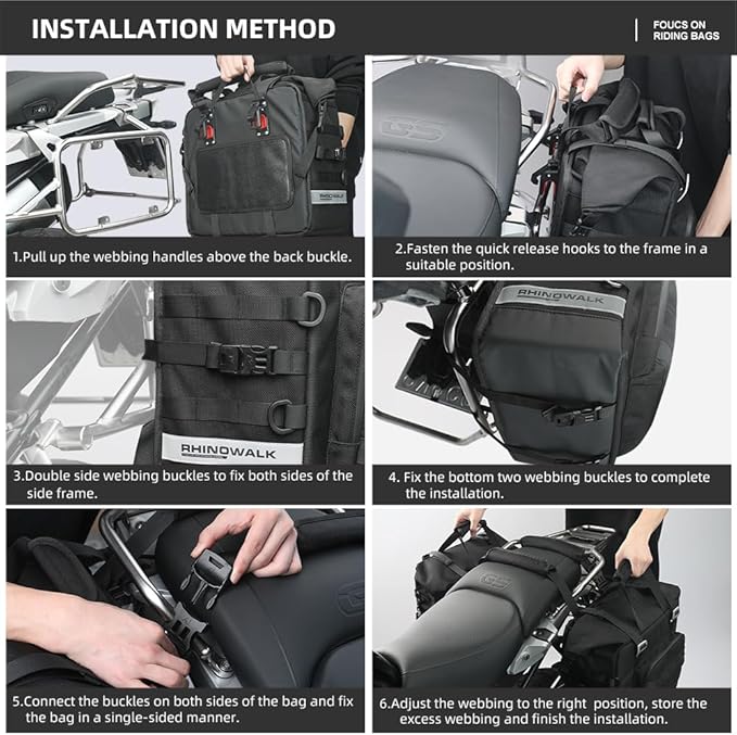 Rhinowalk Motorcycle Saddlebag Waterproof Luggage Bag Quick Release Motorcycle Side Bag 25L Fits Most Adventure and Sports Bike Motorbike Racks (Black, 1 pcs)