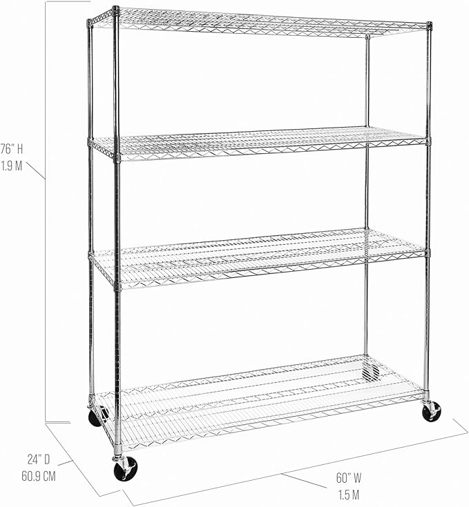 Seville Classics UltraDurable Heavy Duty NSF Solid Steel Wire Rack Storage Unit, Organizer for Garage, Warehouse, Office, Restaurant, Classroom, Kitchen, Steel, 4-Tier Shelving, 60" W x 24" D