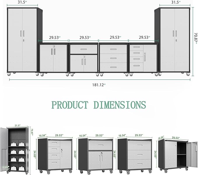 Metal Tool Cabinet,Garage Storage Cabinet System,Wall Cabinet & Locking Rolling Tool Cabinet with Doors and Adjustable Shelves,Steel Tool Cabinets for Home,Office (6 Pcs-StyleA, Black & Grey)