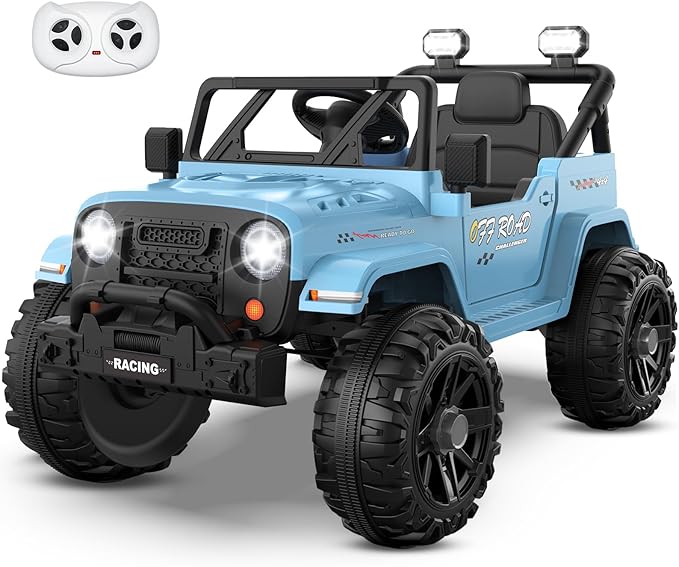 12V Ride On Truck Car with Remote Control, Kids Electric Vehicles with Bluetooth Music, Horn, 3 Speeds, 4 LED Lights, Soft Start, Ride-on Toy for Toddler Boys & Girls (Blue)