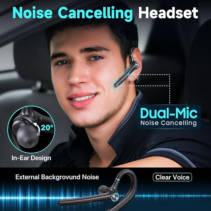 Bluetooth Headset Wireless Earpiece 60Hrs Playback Built-in Dual Mic Noise Canceling Wireless Headset Earphone with 400mAh LED Charging Case for Business Office Trucker (Black)