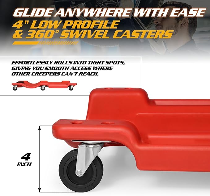 Magshion Mechanic Creeper with Padded Headrest and Tool Tray, 330 lbs Capacity Rolling Garage Shop Creeper with 6 Wheels, Lightweight and Portable Automotive Creeper (Red)