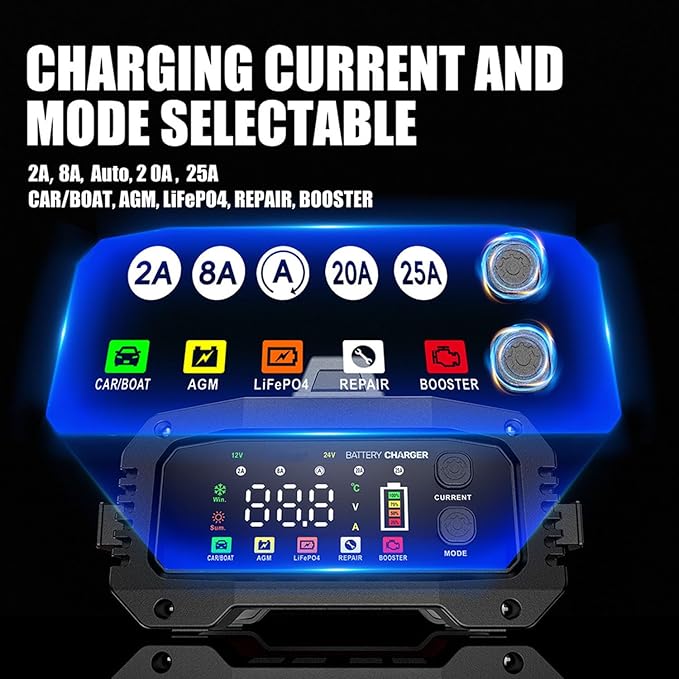 25A Battery Charger, 2/8/20/25 Amp 12V/24V LiFePO4 Lead Acid Fully Automatic Battery Maintainer with Engine Start, 8-Stage Car Battery Trickle Charger, Desulfator for AGM,STD,Gel,Deep Cycle Batteries