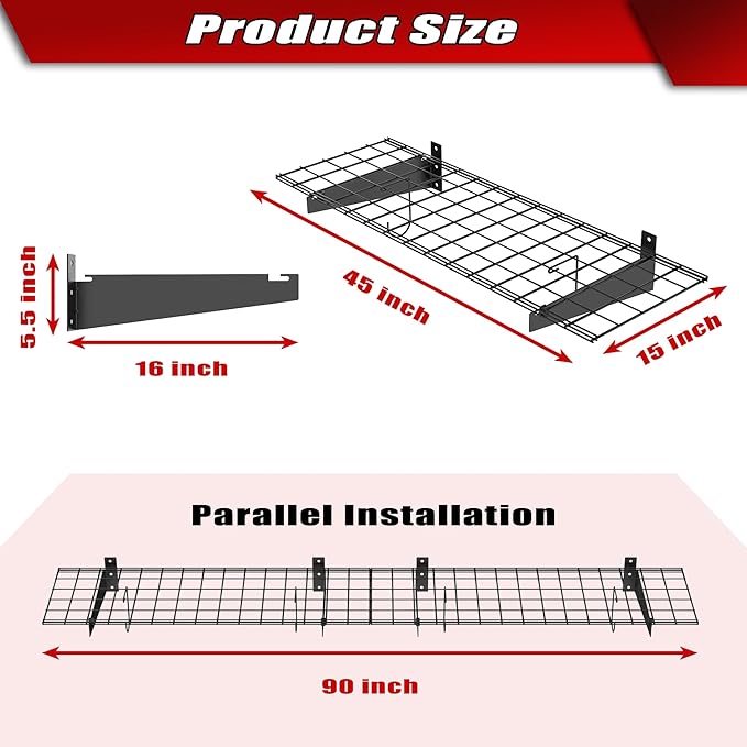 WALMANN 2 Pack Garage Wall Mount Shelves, 45x15 inch Wall Mounted Storage Shelves for Garage Heavy Duty Wall Shelving, Holds Up to 220 Lbs(Black)