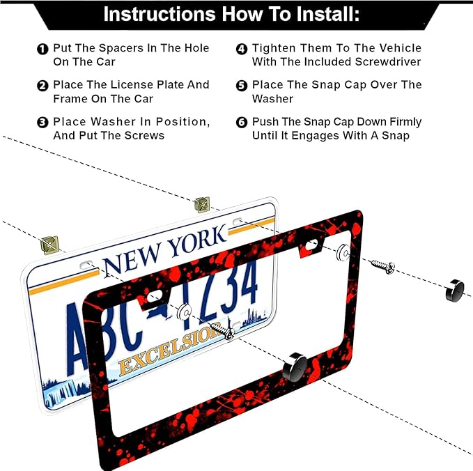 Blood Splattered Red Black License Plate Frames - 2 Pcs Set 2 Holes Stainless Steel Metal Auto Car Accessories Decoration License Plate Frame Cover Size 6.3" x 12.2" Fit US Vehicles for Women Men Gift