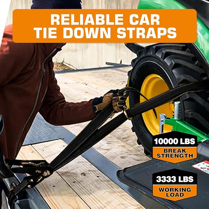 Kingfun Car Tie Down Straps for Trailers with Snap Hooks 4 Pack - 2" X 120" Tire Straps for A Car Trailer, 10,000lbs Break Strength Heavy Duty Ratchet Straps for Truck, Cars,Trailer & More