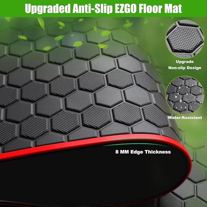 EZGO TXT Golf Cart Full Coverage Floor Liner Mat, fits EZGO TXT (1994+), Valor(1994+), Express S4(2012-2020), Cushman Workhorse, EX1(2020), Thick Anti-Slip Rubber, Red Trim