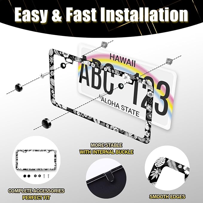 Tropical Flowers Leaves License Plate Frame Hawaiian Hibicus License Plate Holder Stainless Steel Front and Rear Car Tags Auto Parts Colorful License Plate Women Decoration with Screws 12.2" x 6.2"