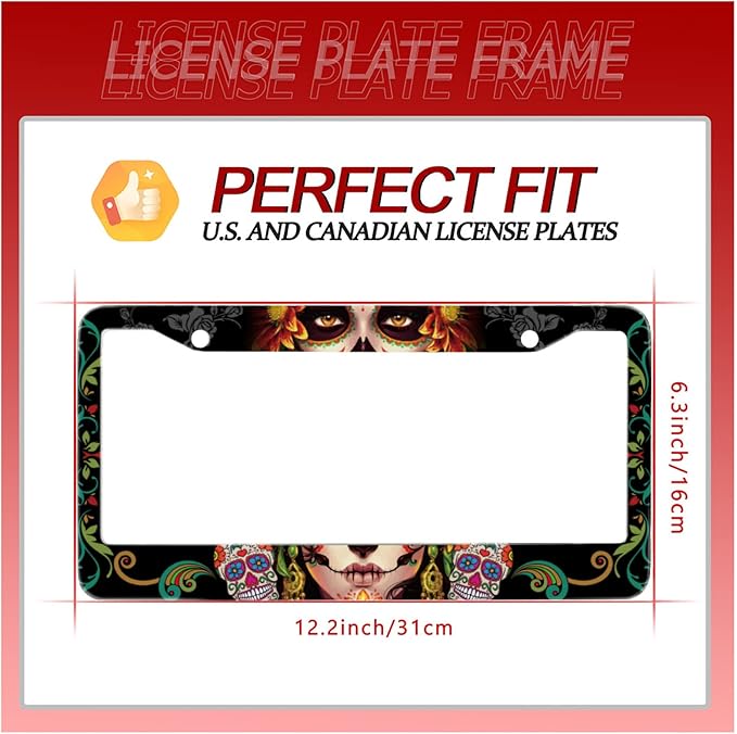 Personalise Sugar Skull Retro License Plate Frame Colorful Candy Skulls License Plate Car Universal Stainless Steel Accessories Cars Decor 2 Holes Screws Fits Standard US Vehicles Size 12.2 x 6 Inch