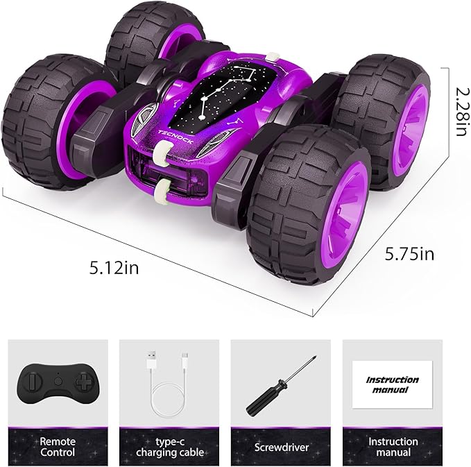 Tecnock Remote Control Car for Kids, 2.4GHz RC Cars with USB-C Easy Charging, 4WD Double Sided 360° Rotates and Flips RC Stunt Car, Toys Gift for Boys and Girls